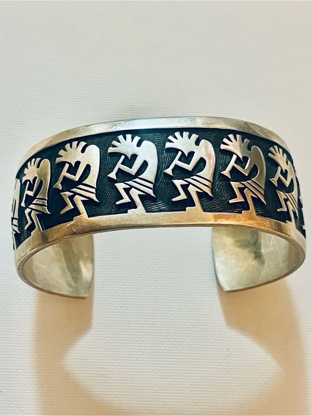 VTG NATIVE AMERICAN HOPI Sterling Silver Kokopelli Cuff Bracelet SZ 6.75-7” 48 g